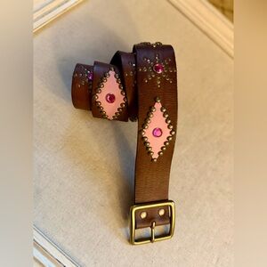 Linea Pella vintage Brown leather belt w pink crystal, brass, leather details S